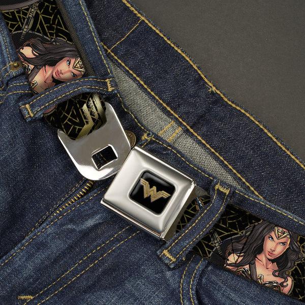 Buckle Down Wonder Woman 2017 Icon Full Color Black/Gold Seatbelt Belt - Wonder Woman 2017 Icon/3-Sketch Poses Black/Gold Webbing