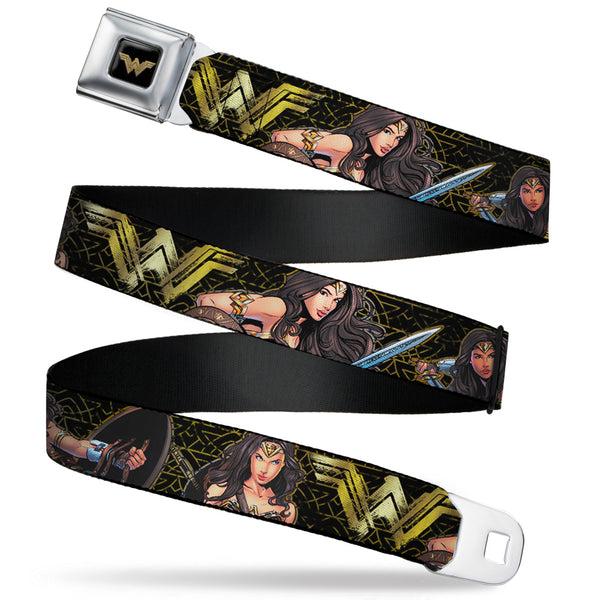 buckle down Wonder Woman 2017 Icon Full Color Black/Gold Seatbelt Belt - Wonder Woman 2017 Icon/3-Sketch Poses Black/Gold Webbing