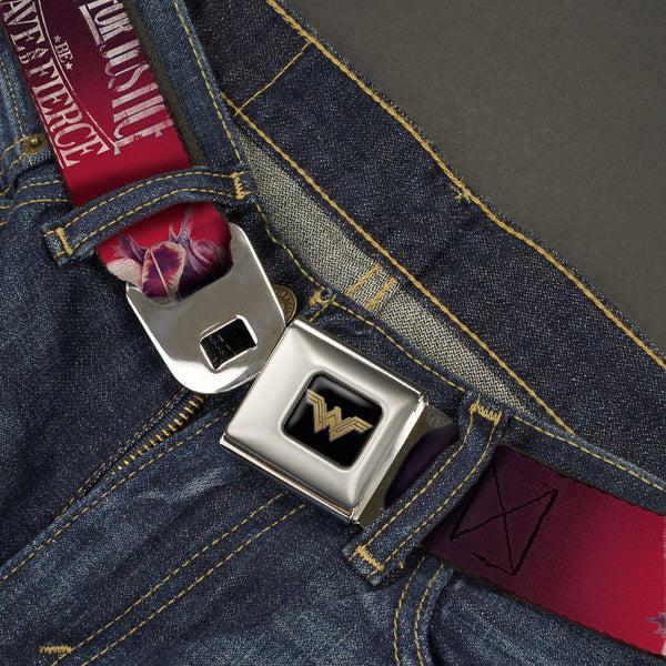 Buckle Down Wonder Woman 2017 Icon Full Color Black/Gold Seatbelt Belt - Wonder Woman Deflection Pose FIGHT FOR JUSTICE-BE BRAVE AND FIERCE Weathered Reds/Blues/White Webbing