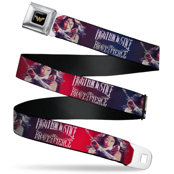 buckle down Wonder Woman 2017 Icon Full Color Black/Gold Seatbelt Belt - Wonder Woman Deflection Pose FIGHT FOR JUSTICE-BE BRAVE AND FIERCE Weathered Reds/Blues/White Webbing
