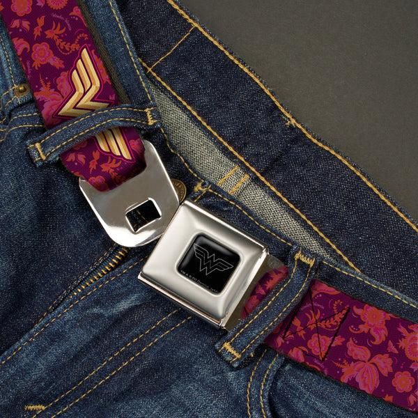Buckle Down Wonder Woman Black Silver Seatbelt Belt - Wonder Woman Logo/Floral Collage Purple/Pinks/Gold Webbing