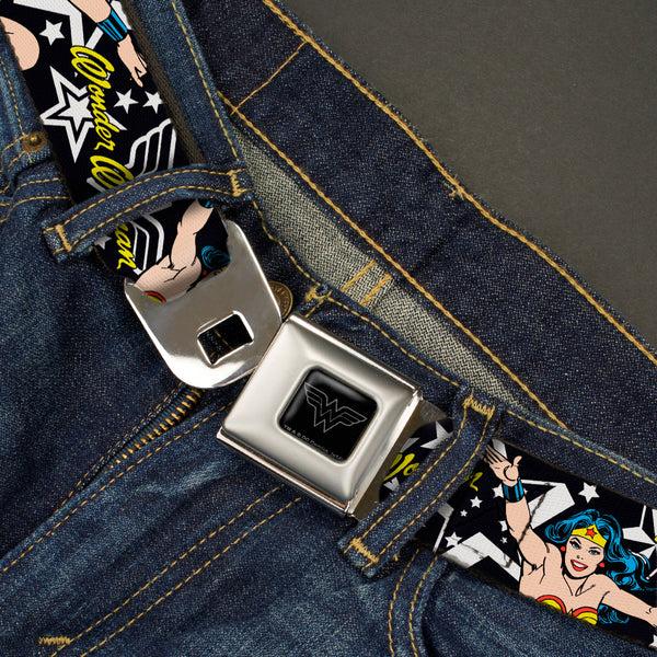 Buckle Down Wonder Woman Black Silver Seatbelt Belt - Wonder Woman/StarsÂ Black/White Webbing