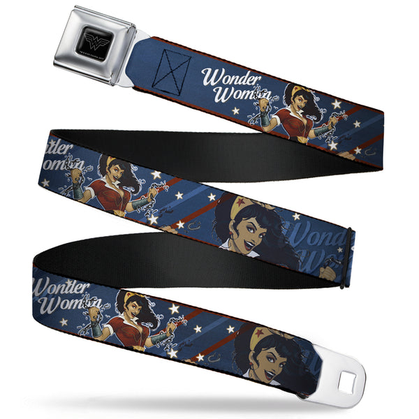 buckle down Wonder Woman Black Silver Seatbelt Belt - WONDER WOMAN/Bombshell Pose Blue/Red/White Webbing