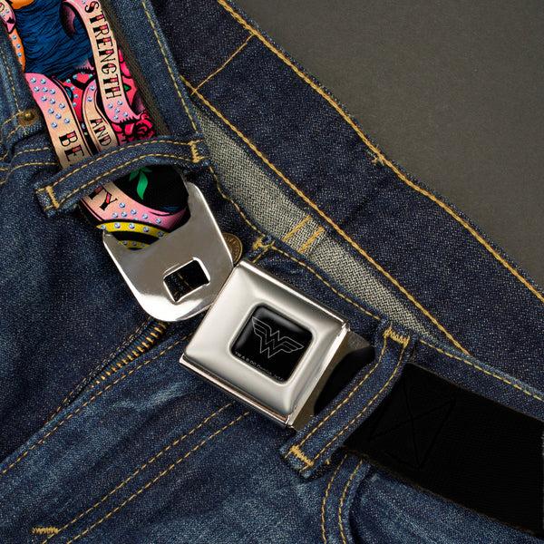 Buckle Down Wonder Woman Black Silver Seatbelt Belt - WONDER WOMAN/Roses STRENGTH AND BEAUTY Black-Pink Fade Webbing