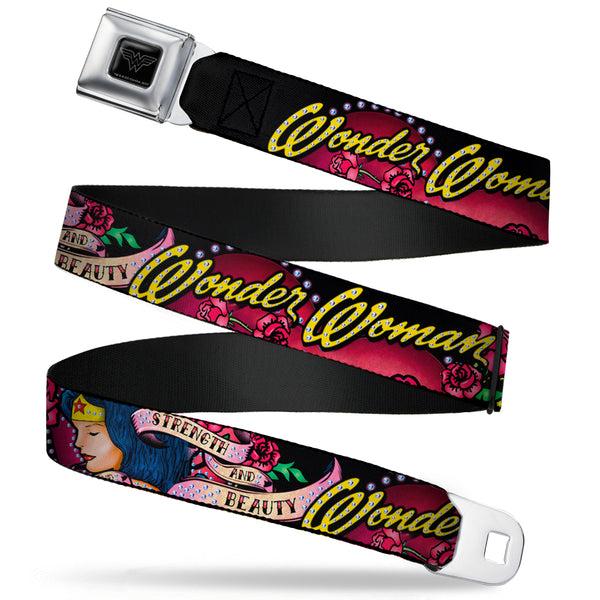 buckle down Wonder Woman Black Silver Seatbelt Belt - WONDER WOMAN/Roses STRENGTH AND BEAUTY Black-Pink Fade Webbing