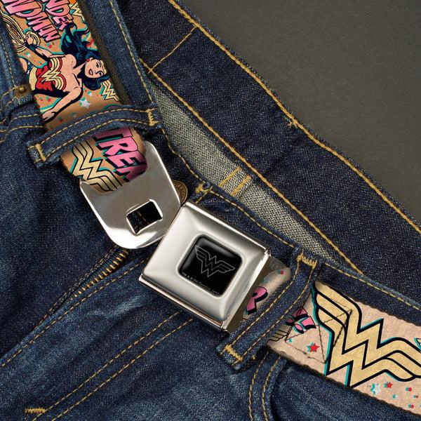 Buckle Down Wonder Woman Black Silver Seatbelt Belt - Wonder Woman Strength & Power Webbing