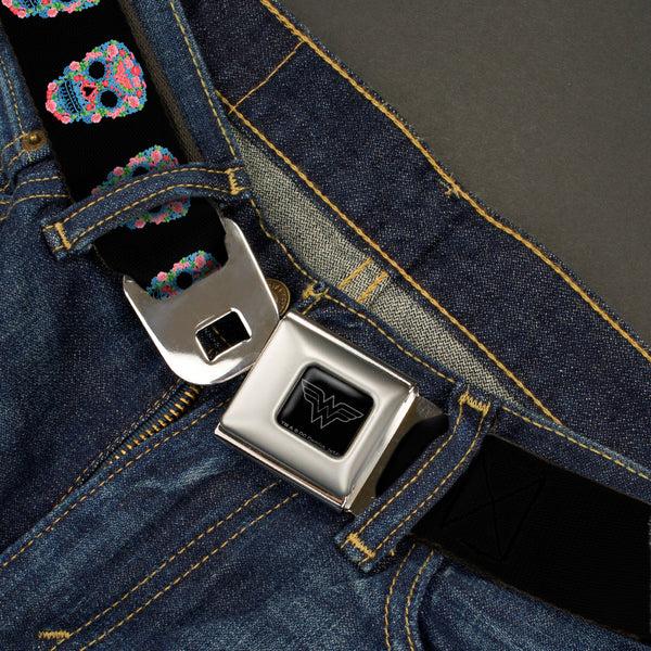 Buckle Down Wonder Woman Black Silver Seatbelt Belt - Wonder Woman Floral Skull Black/Multi Pastel Webbing