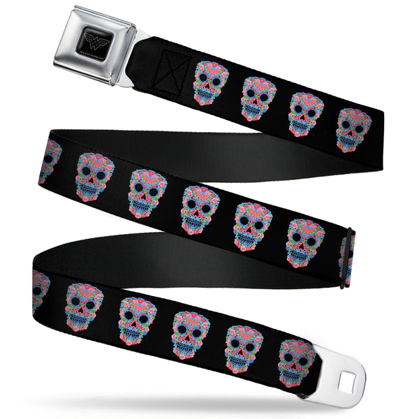 buckle down Wonder Woman Black Silver Seatbelt Belt - Wonder Woman Floral Skull Black/Multi Pastel Webbing