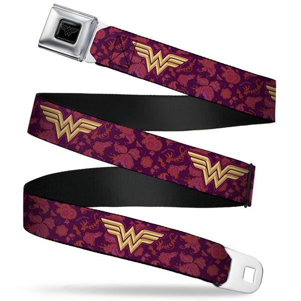 buckle down Wonder Woman Black Silver Seatbelt Belt - Wonder Woman Logo/Floral Collage Purple/Pinks/Gold Webbing