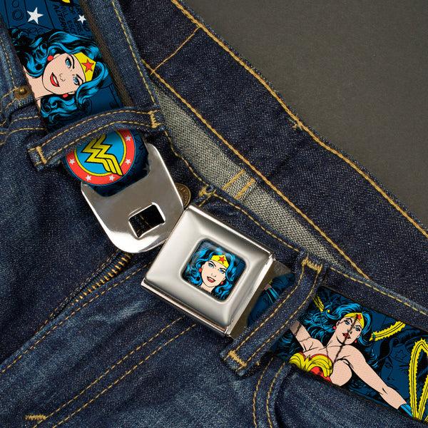Buckle Down Wonder Woman Face Comic Full Color Blues Seatbelt Belt - Wonder Woman Face/Poses/Logos/Comic Scenes Blues/Yellow Webbing