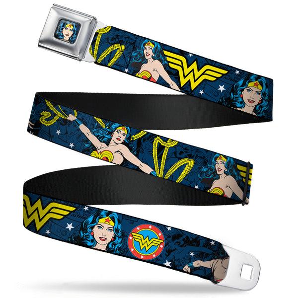 buckle down Wonder Woman Face Comic Full Color Blues Seatbelt Belt - Wonder Woman Face/Poses/Logos/Comic Scenes Blues/Yellow Webbing