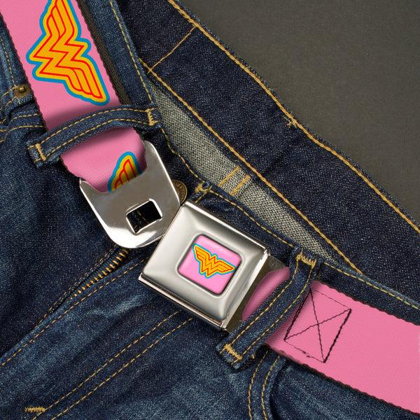 Buckle Down Wonder Woman Logo Full Color Pink Blue Yellow Pink Seatbelt Belt - Wonder Woman Logo Pink/Blue/Yellow/Pink Webbing