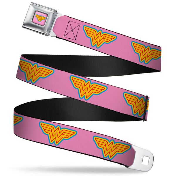 buckle down Wonder Woman Logo Full Color Pink Blue Yellow Pink Seatbelt Belt - Wonder Woman Logo Pink/Blue/Yellow/Pink Webbing