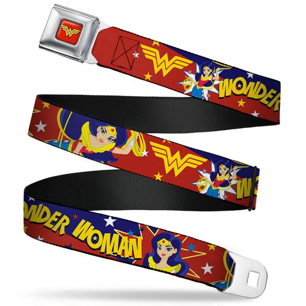 buckle down Wonder Woman Logo Full Color Red Seatbelt Belt - DC Girls WONDER WOMAN 3-Poses/Logo/Stars Red/Gold/Blues/White Webbing
