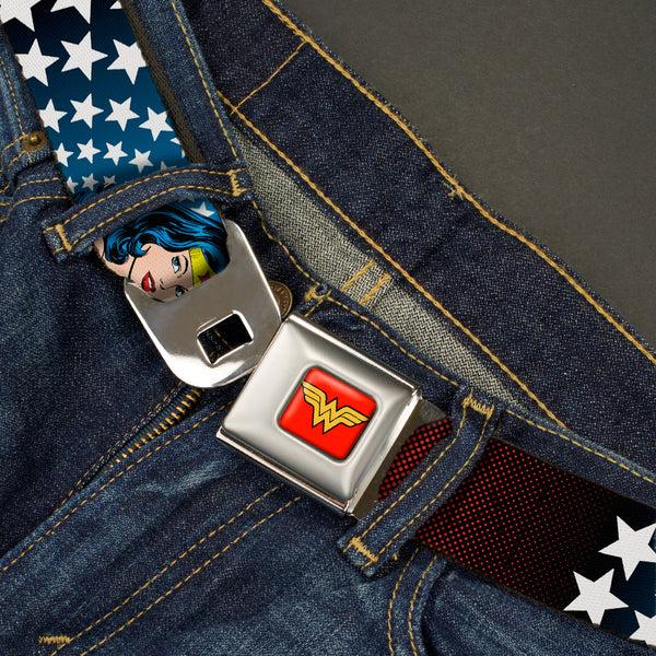 Buckle Down Wonder Woman Logo Full Color Red Seatbelt Belt - Wonder Woman Face W/Stars Webbing
