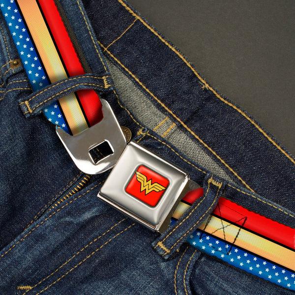 Buckle Down Wonder Woman Logo Full Color Red Seatbelt Belt - Wonder Woman Stripe/Stars Red/Gold/Blue/White Webbing