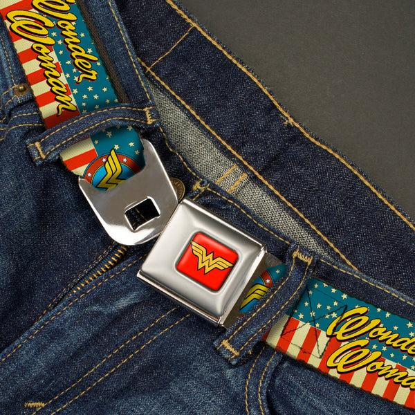 Buckle Down Wonder Woman Logo Full Color Red Seatbelt Belt - WONDER WOMAN/Logo Americana Red/White/Blue/Yellow Webbing