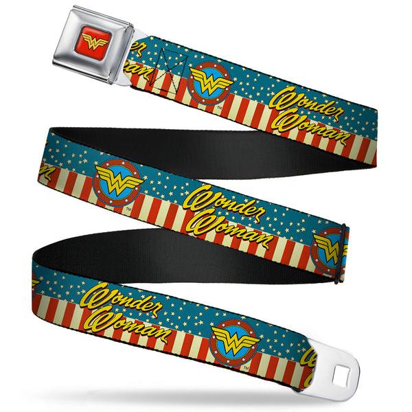 buckle down Wonder Woman Logo Full Color Red Seatbelt Belt - WONDER WOMAN/Logo Americana Red/White/Blue/Yellow Webbing