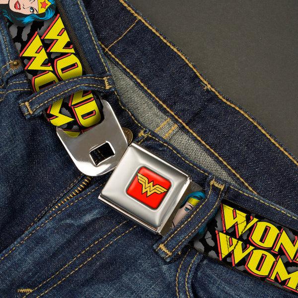 Buckle Down Wonder Woman Logo Full Color Red Seatbelt Belt - WONDER WOMAN W/Face CLOSE-UP Leopard Black/Gray Webbing