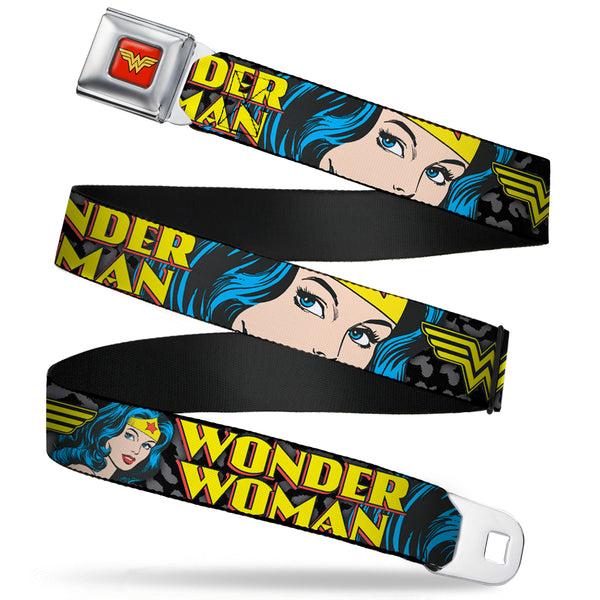 buckle down Wonder Woman Logo Full Color Red Seatbelt Belt - WONDER WOMAN w/Face CLOSE-UP Leopard Black/Gray Webbing