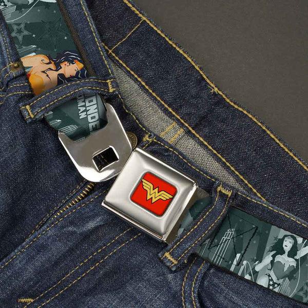 Buckle Down Wonder Woman Logo Full Color Red Seatbelt Belt - WONDER WOMAN 4-Poses Skyline & Stars Blues Webbing
