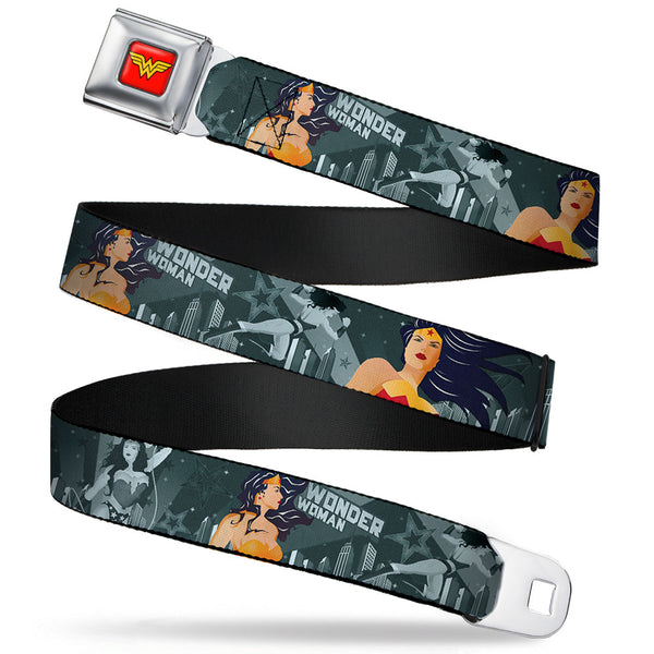 buckle down Wonder Woman Logo Full Color Red Seatbelt Belt - WONDER WOMAN 4-Poses Skyline & Stars Blues Webbing