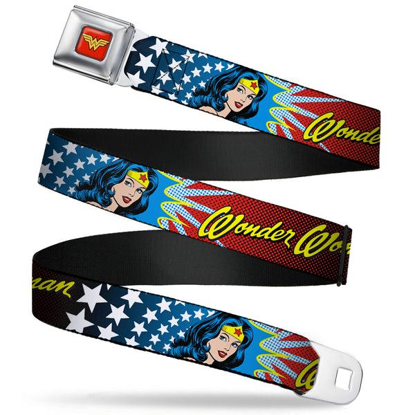 buckle down Wonder Woman Logo Full Color Red Seatbelt Belt - Wonder Woman Face w/Stars Webbing