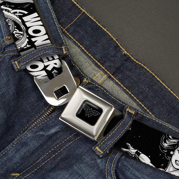 Buckle Down Wonder Woman Logo Reverse Brushed Seatbelt Belt - WONDER WOMAN Action Pose/Text Collage Black/White/Grays Webbing