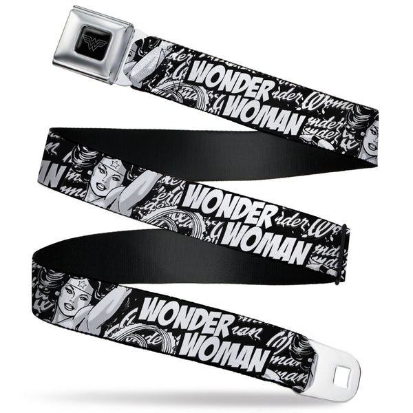 buckle down Wonder Woman Logo Reverse Brushed Seatbelt Belt - WONDER WOMAN Action Pose/Text Collage Black/White/Grays Webbing