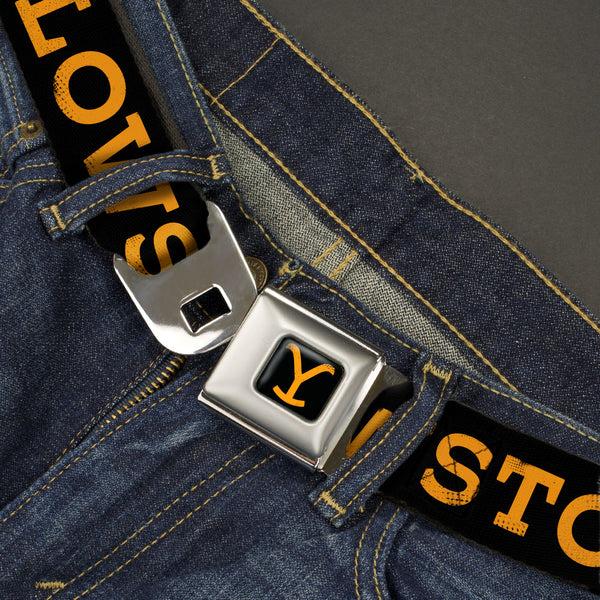 Buckle Down Yellowstone Y Logo Full Color Black/Orange Seatbelt Belt - YELLOWSTONE Text And Y Logo Weathered Black/Orange Webbing