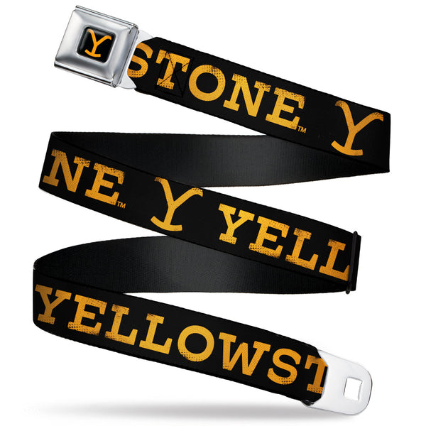 buckle down Yellowstone Y Logo Full Color Black/Orange Seatbelt Belt - YELLOWSTONE Text and Y Logo Weathered Black/Orange Webbing