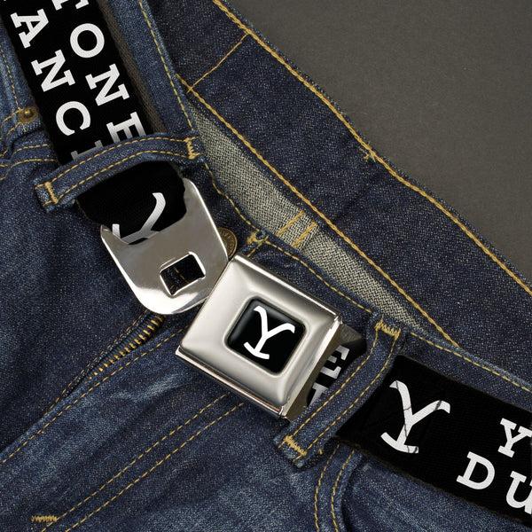 Buckle Down Yellowstone Y Logo Full Color Black/White Seatbelt Belt - YELLOWSTONE DUTTON RANCH And Logo Black/White Webbing