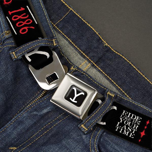 Buckle Down Yellowstone Y Logo Full Color Black/White Seatbelt Belt - YELLOWSTONE Dutton Ranch 1886 Icons Black/White/Red Webbing