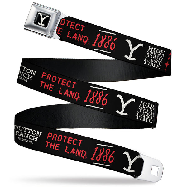 buckle down Yellowstone Y Logo Full Color Black/White Seatbelt Belt - YELLOWSTONE Dutton Ranch 1886 Icons Black/White/Red Webbing
