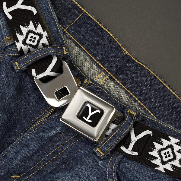 Buckle Down Yellowstone Y Logo Full Color Black/White Seatbelt Belt - Yellowstone Dutton Ranch And Native American Icons Black/White Webbing