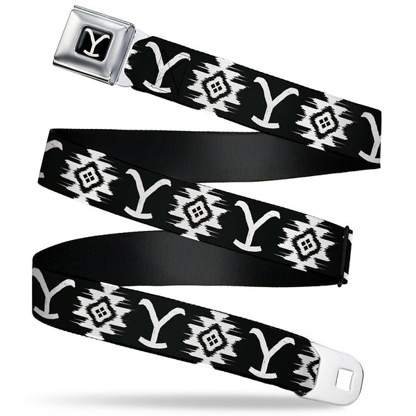 buckle down Yellowstone Y Logo Full Color Black/White Seatbelt Belt - Yellowstone Dutton Ranch and Native American Icons Black/White Webbing