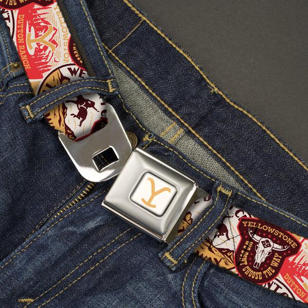 Buckle Down Yellowstone Y Logo Full Color White/Yellow Seatbelt Belt - Yellowstone Patches Stacked Browns/Reds/Yellows Webbing