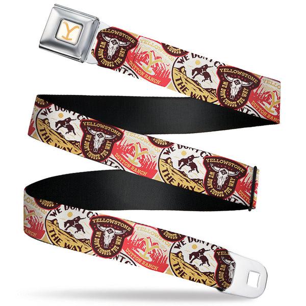 buckle down Yellowstone Y Logo Full Color White/Yellow Seatbelt Belt - Yellowstone Patches Stacked Browns/Reds/Yellows Webbing