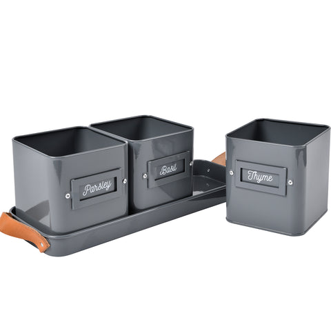 Burgon & Ball 3 Herb Pots In A Leather Handled Tray - Charcoal