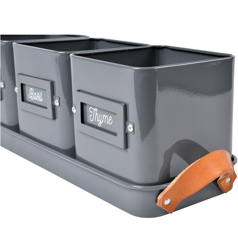 Burgon & Ball 3 Herb Pots In A Leather Handled Tray - Charcoal