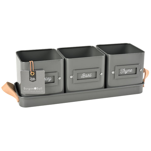 burgon & ball 3 Herb Pots in a Leather Handled Tray - Charcoal