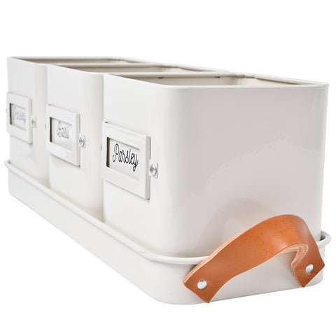 Burgon & Ball 3 Herb Pots In A Leather Handled Tray - Stone