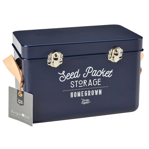 burgon & ball Leather Handled Seed Packet Storage Tin - Atlantic Blue