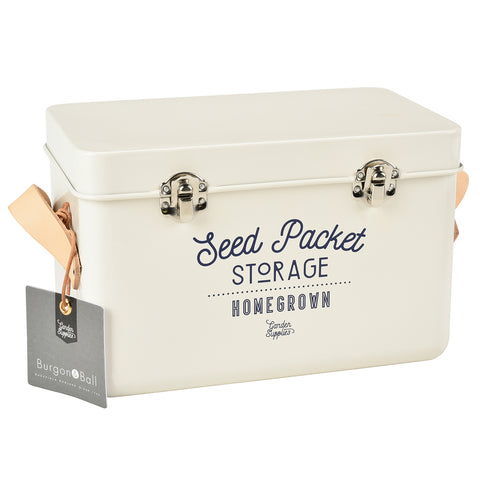burgon & ball Leather Handled Seed Packet Storage Tin - Stone