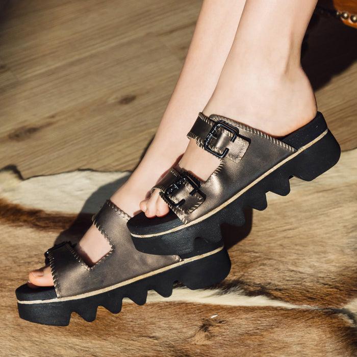 Bussola Capri Buckle Strap Slide Sandals (Pewter)