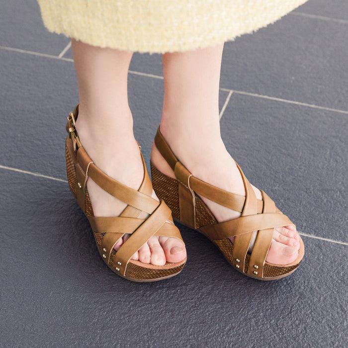 Bussola Formentera Cross Straps Wedge Sandals (Camel)