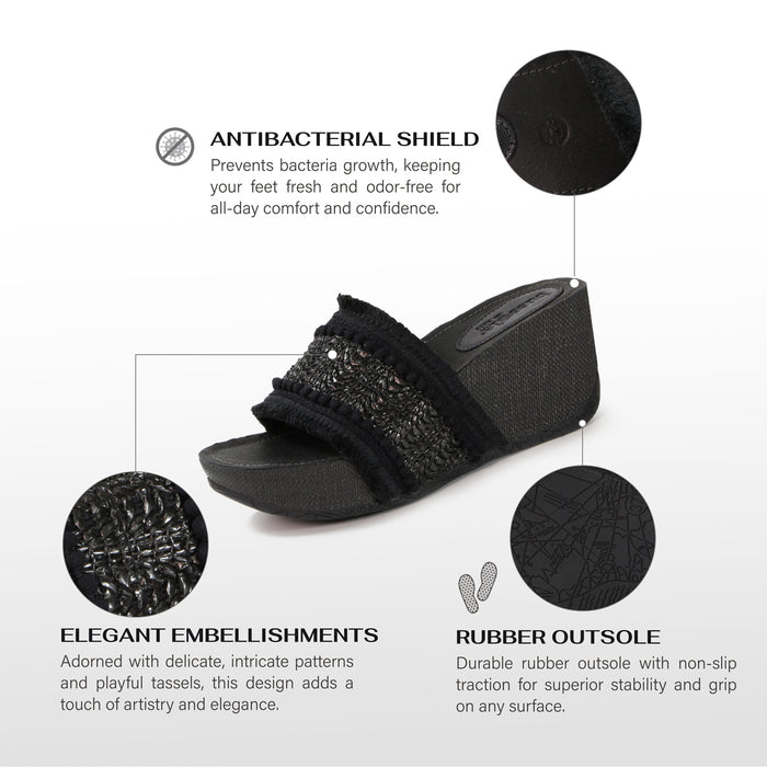 Bussola Formentera Embroidery Wedge Slide Sandals (Nero)