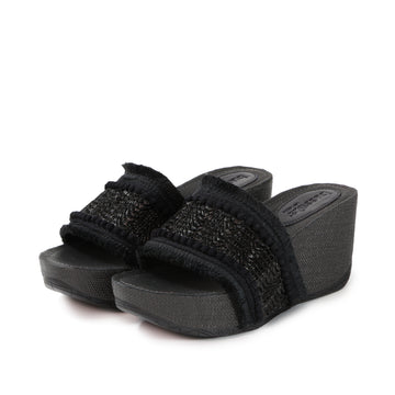 bussola Formentera Embroidery Wedge Slide Sandals (Nero)
