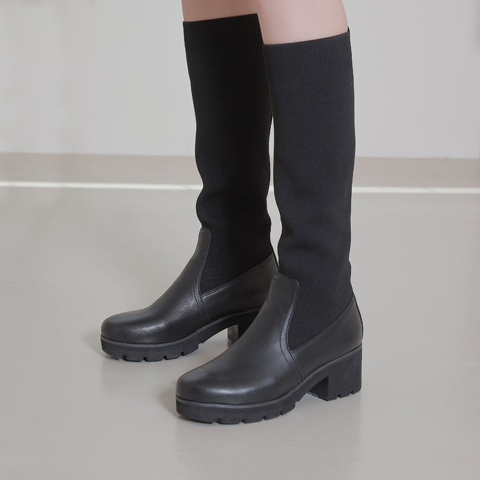 Bussola Palermo Stretchy Knit Knee-High Chunky Boots (Nero)