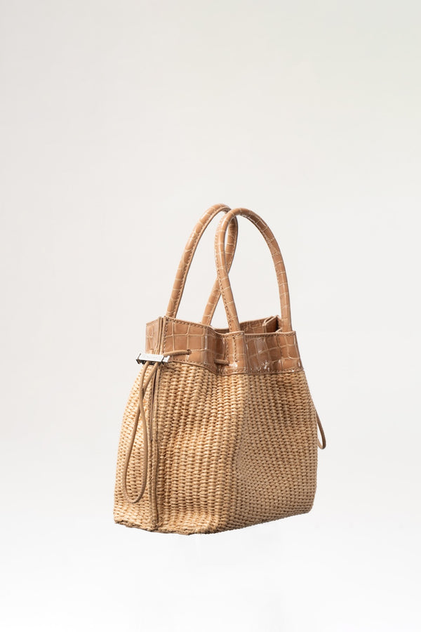 By Far Baby Kayla Natural Raffia And Croco Embossed Leather Top-Handle Bag